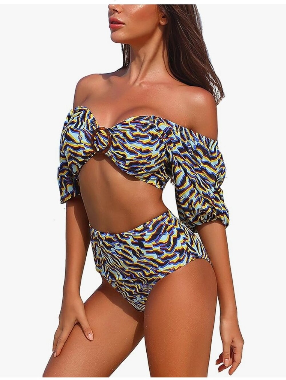 NWOT Off-Shoulder High-Waist Bikini Set in Blue, Yellow & White Camo Wave Print
